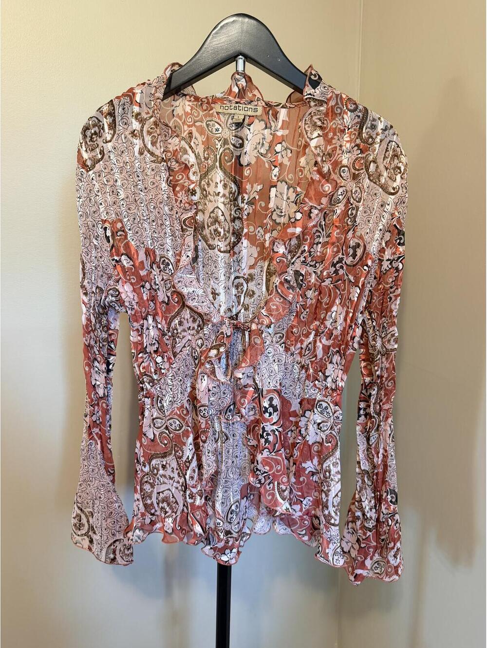 Vintage Notations Sheer Paisley Mesh Top Size Large Y2K Boho Bell Sleeve Blouse